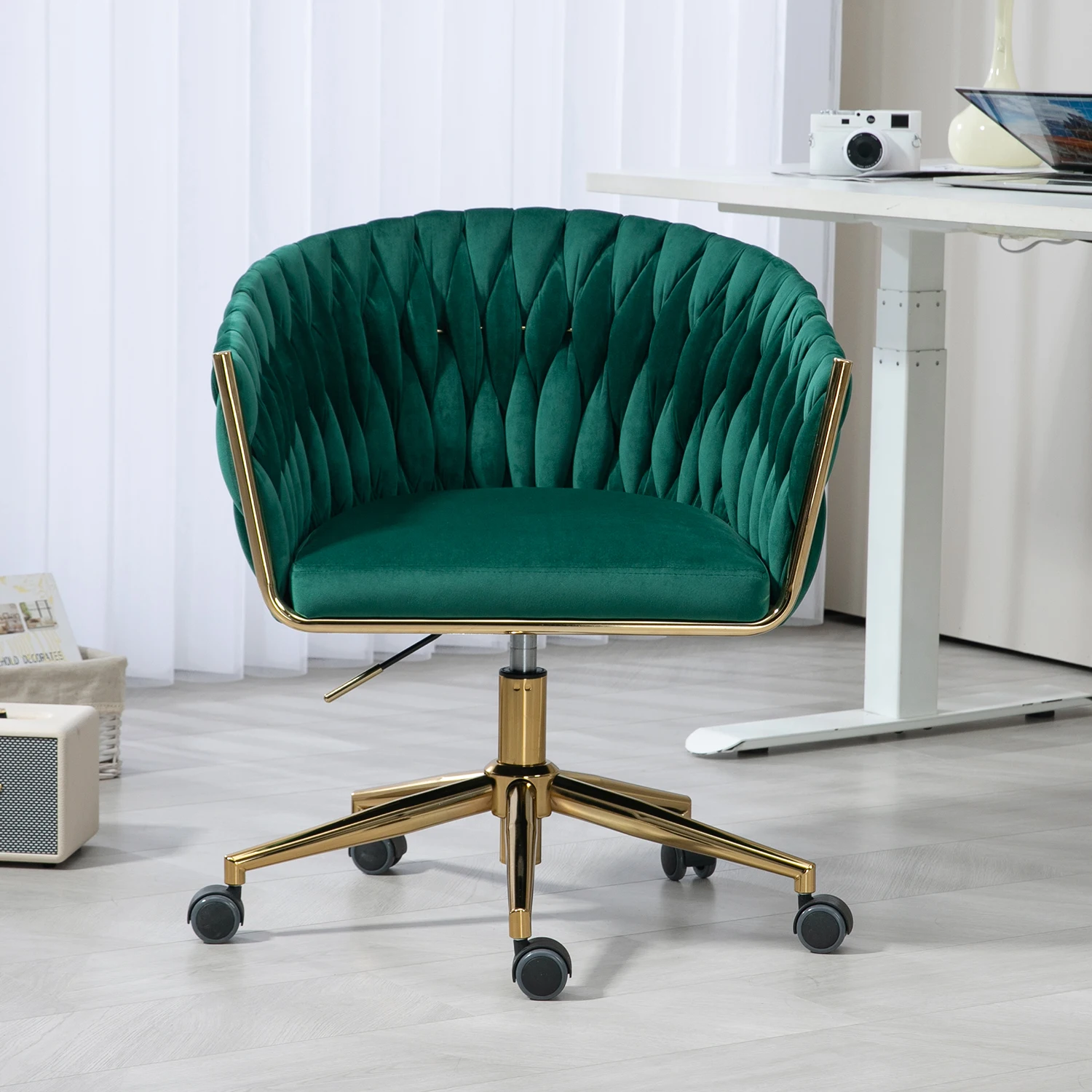 Modern design the backrest is hand-woven Office chair,Vanity chairs with wheels,Height adjustable,360° swivel for bedroom living