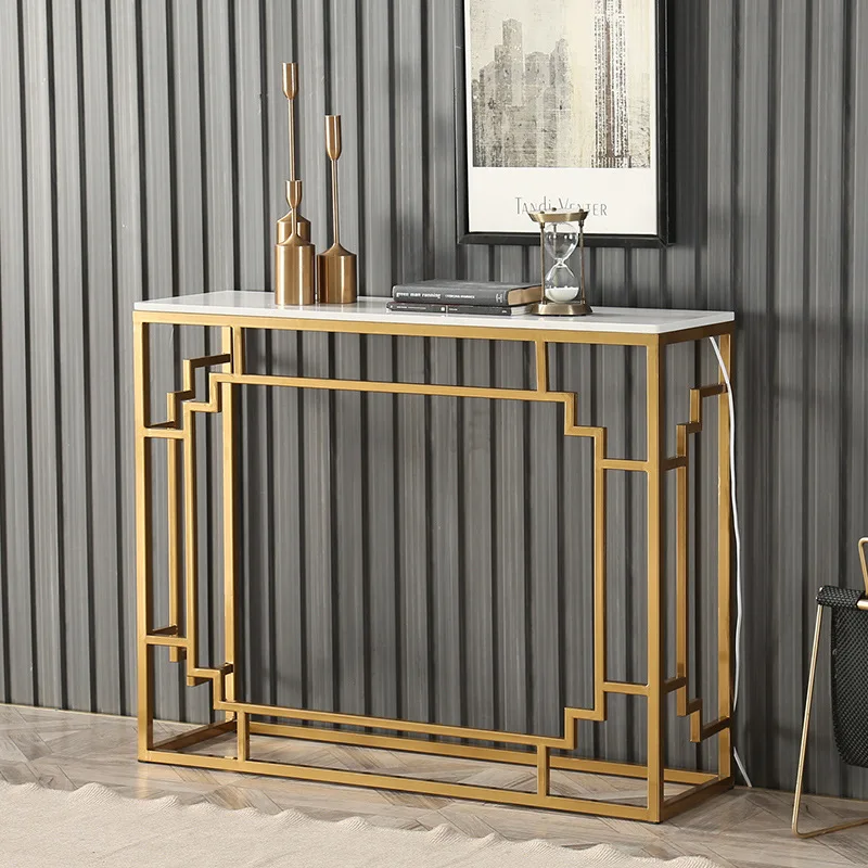 

Golden wrought iron corridor end view table, Chinese hotel entrance marble foyer table, entrance table