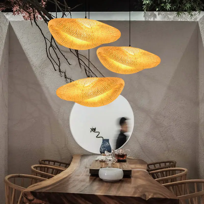 Bamboo Wicker Rattan Lampshade Rustic Pendant Lamp Weaving Hanging  Restaurant Kitchen Chandelier Dining Room Lampe-Rattan Lamp