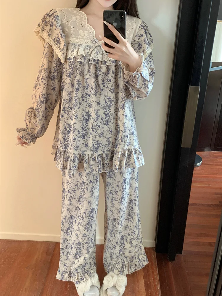 Lace New Home Sweet Print Korean Style Autumn Loose Autumn Long Sleeve Pajama Set Women V-Neck Kawaii Casual Sleep Tops Ins