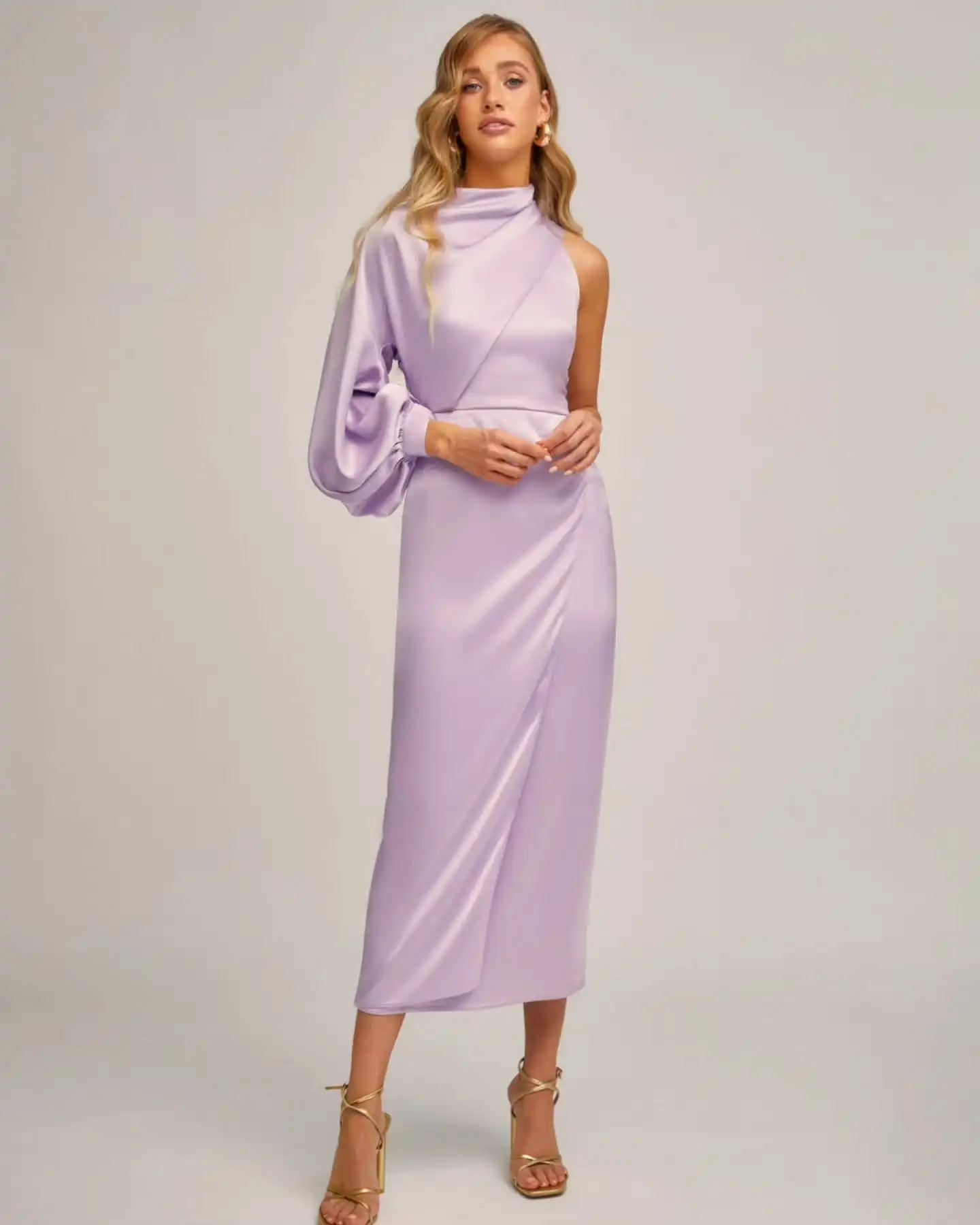

Customized Fashion Satin Straight One Shoulder Evening Dress Delicate Long Sleeves Ankle Length Party Gowns Custom Made