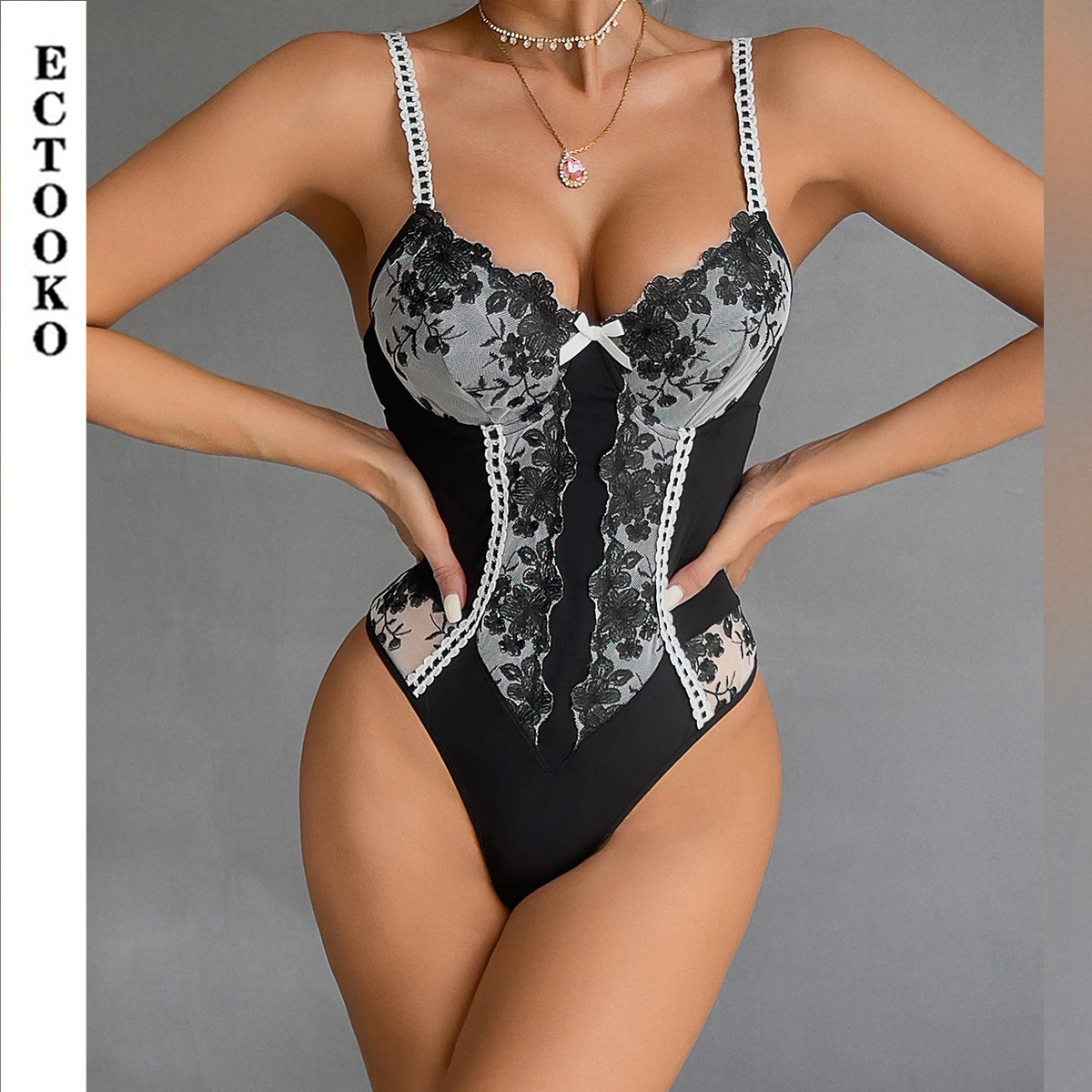 ECTOOKO Embroidery Stitching Micro-elastic Suspender Jumpsuit Sexy Underwear Bodysuit With Fishnet Socks