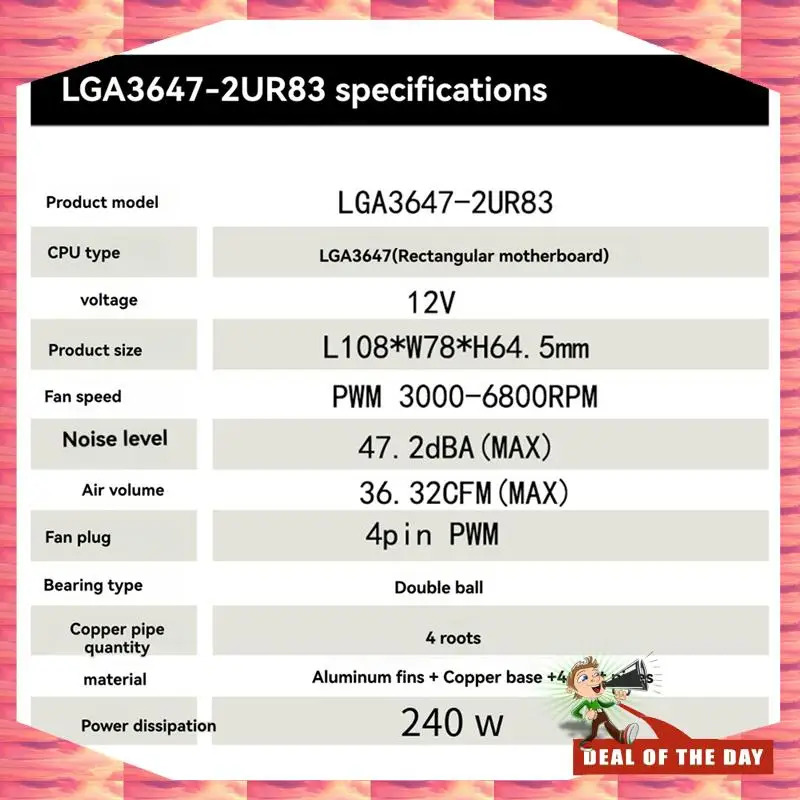 Pengiriman 24 Jam 2X Pendingin LGA3647-2U-R83 240W untuk Lga 3647 Radiator Tipe Sempit 2U Heat Sink 4 Kipas Pendingin Tiup Samping Pipa Panas