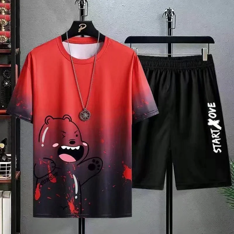 Conjunto de camiseta e shorts com estampa de urso bonito masculino, roupas casuais de tendência respirável, gola redonda, verão, moda, 3D