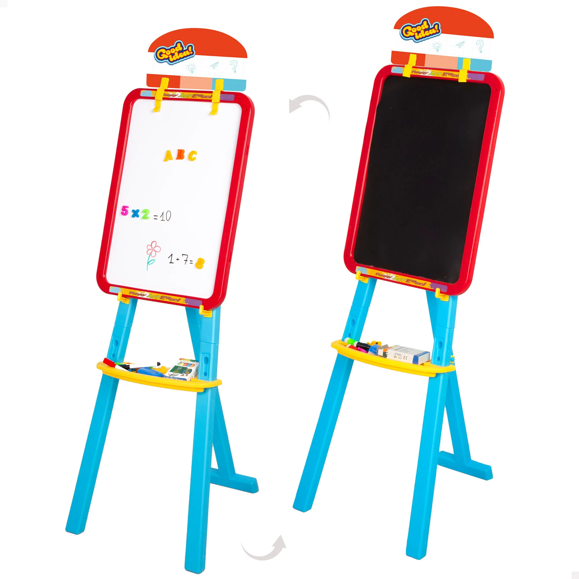 Good Idea! - Pizarra doble cara, con números y letras, con accesorios, 59 piezas, borrador y marcador negro, con caballete regulable, para niños, +3 años