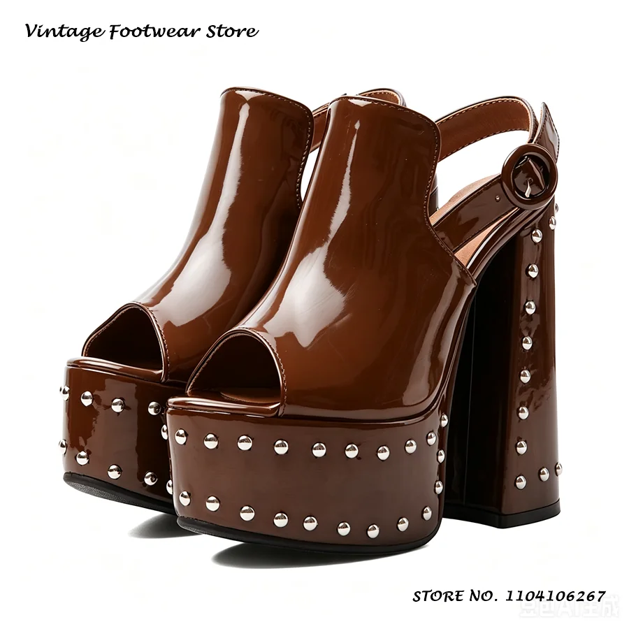 Silver Studded Platform Slingback Sandals Round Open Toe Block Heel Party Shoes Women's Punk Style Buckle Strap High Heels