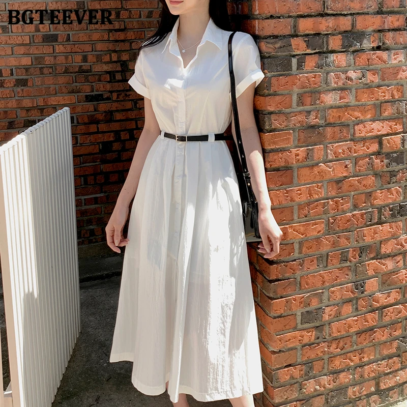 BGTEEVER Abito camicia da donna a maniche corte vintage a vita sottile Abito estivo a trapezio femminile monopetto con cintura