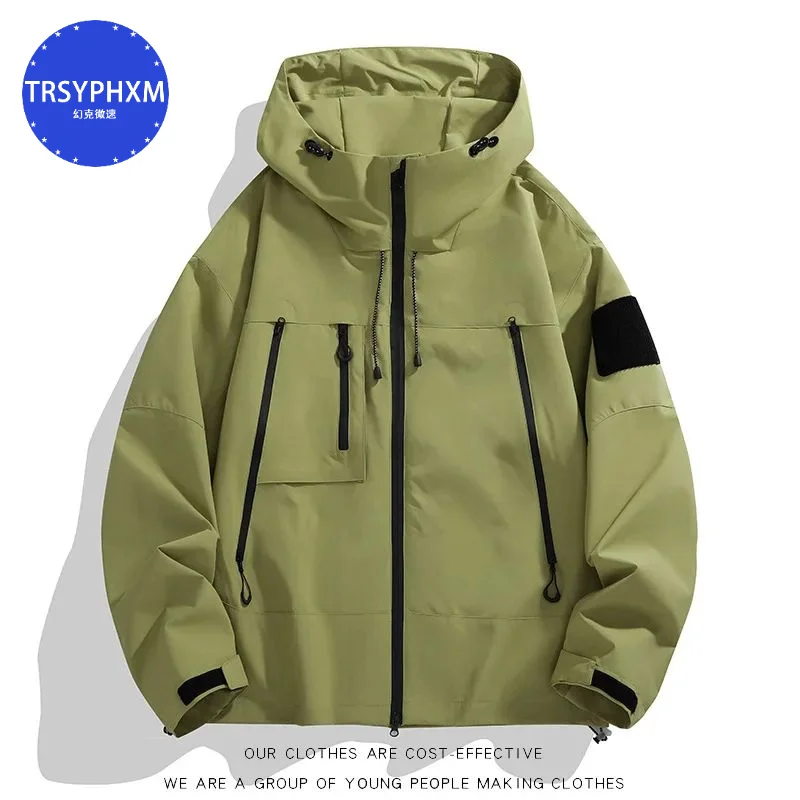 Trsyphxm แจ็คเก็ตกลางแจ้งสีดำสำหรับผู้ชาย2024.7.26ใหม่ฤดูใบไม้ผลิและฤดูใบไม้ร่วงแจ็คเก็ตคู่อเมริกันหลวมมีฮู้ด