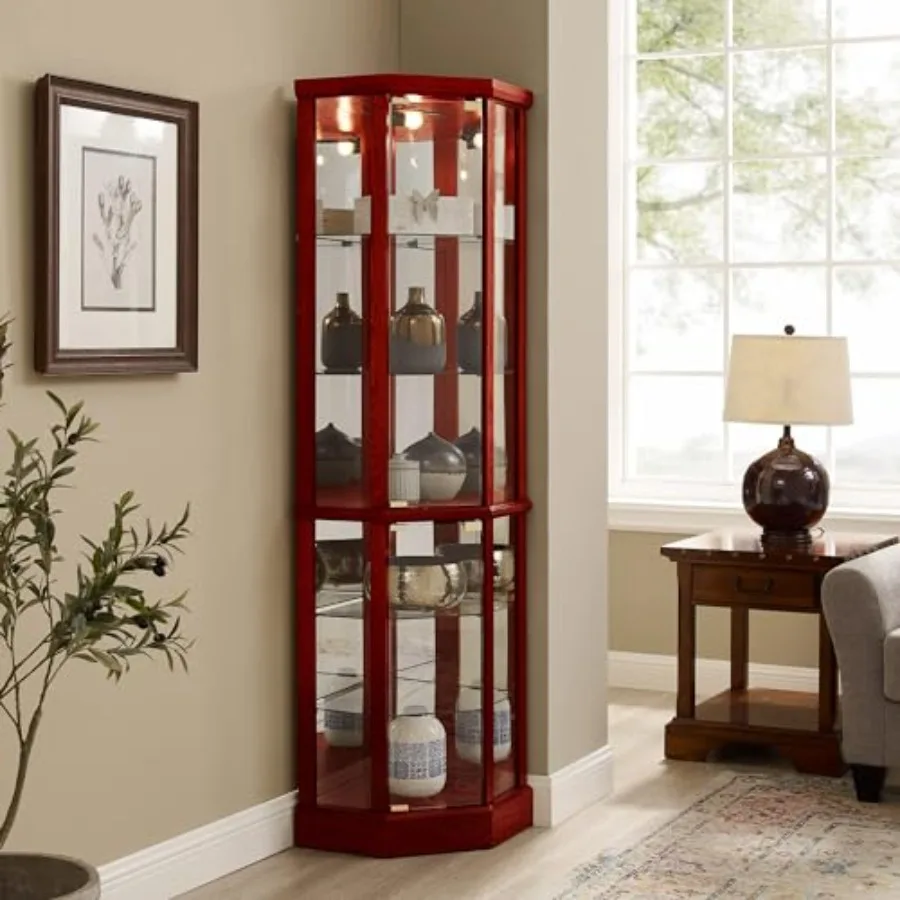 Corner curio cabinet for living room, tempered glass doors and shelves, light oak finish, LED lighting and adjustable shelving view 5