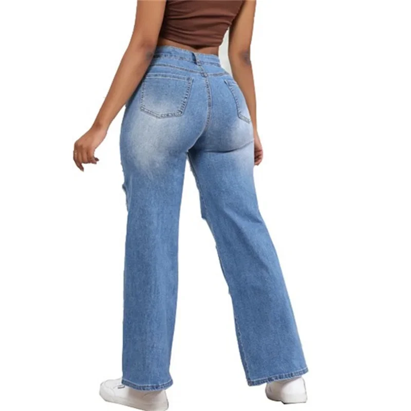 Vintage gebrochene Löcher aushöhlen gerade Jeans Frauen hohe Taille Jeans hose lässige Streetwear weibliche Pendler weites Bein Hosen