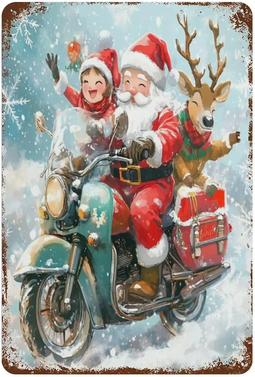 HighonHi Santa Claus And Reindeer Riding Motorcycle Tin Sign 12