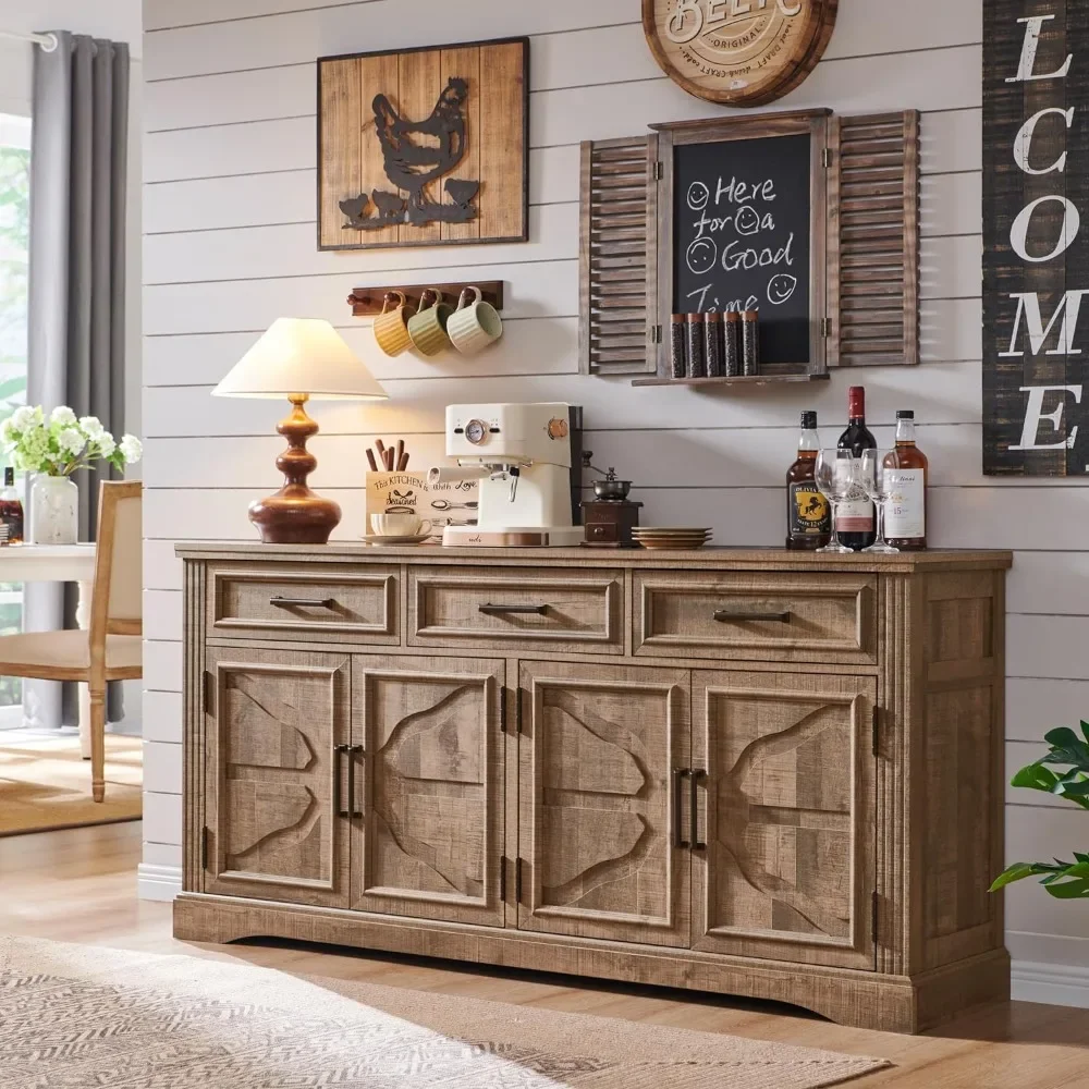 JXQTLINGMU 66" großer Buffett-Sideboard-Schrank mit 4 Türen und 3 Schubladen, Buffettisch, Kaffeebar, Weinbar, Aufbewahrungsschrank für