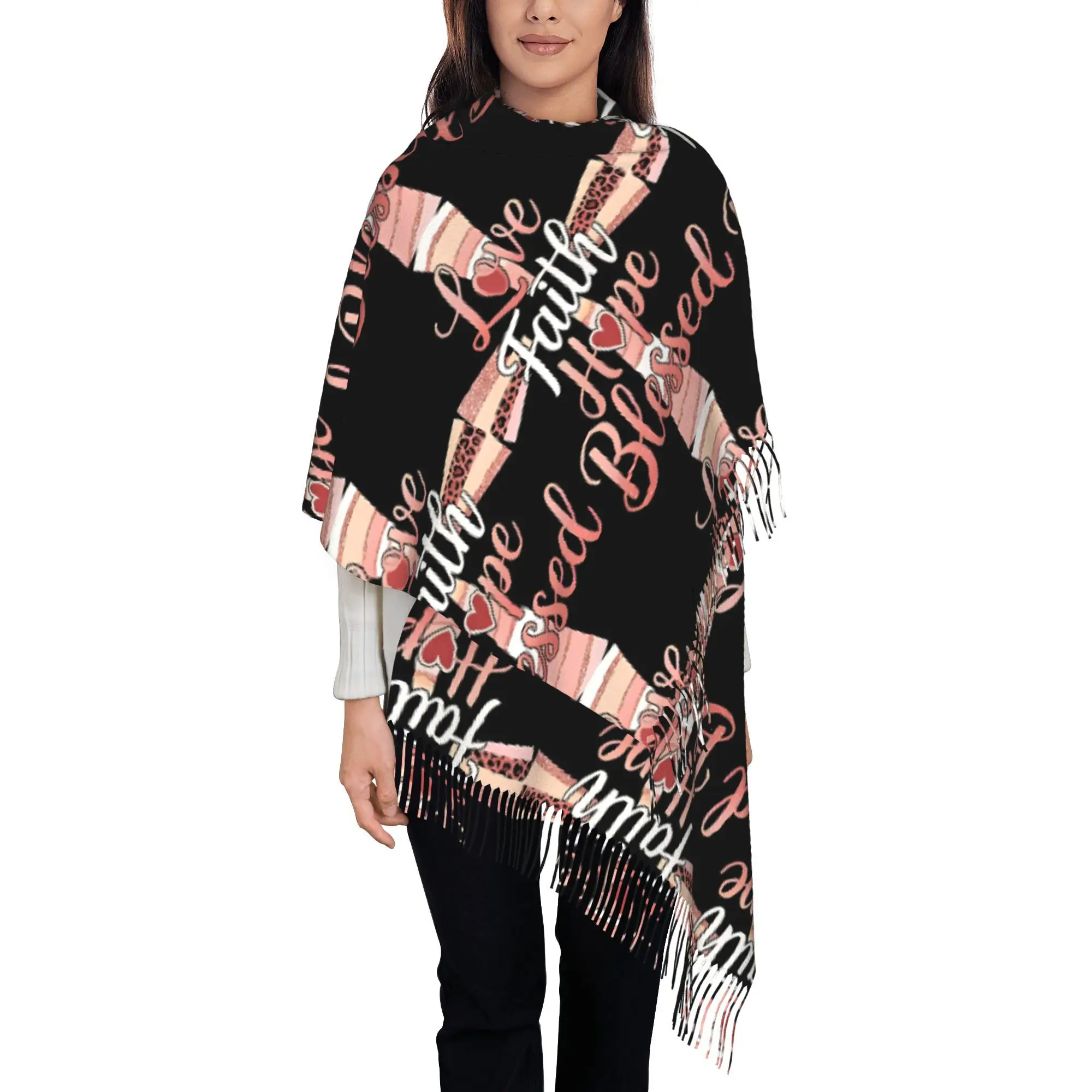 

A Stylish Unisex Scarf for Autumn And Winter Featuring Christian Themes of Faith, Love, Hope, And a Blessed Cross with Tassels