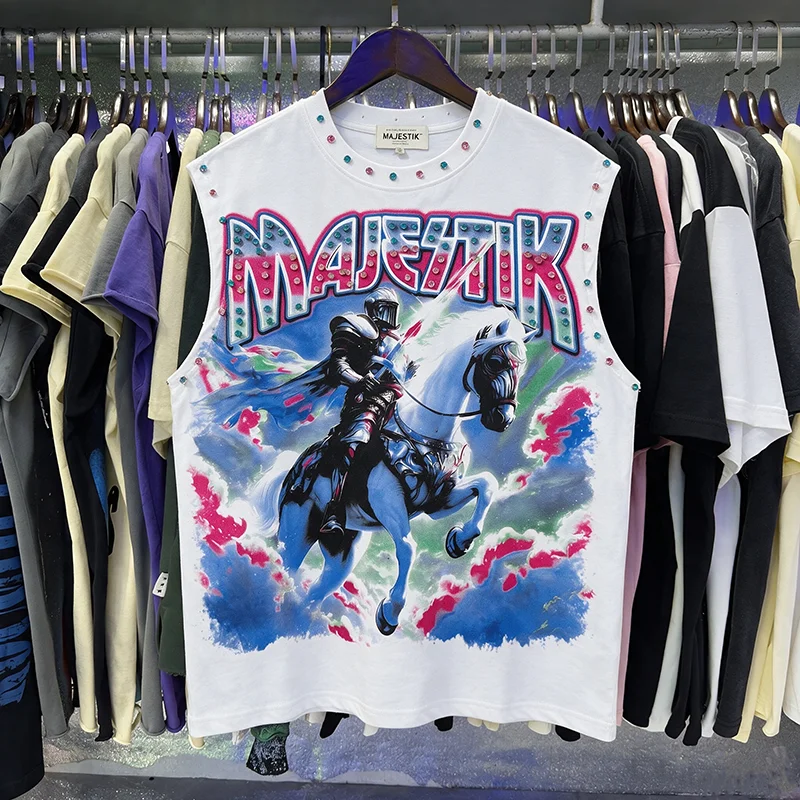 Summer Men's Majestik T-shirt Tank Top Knight White Horse Rhinestone Sleeveless Tank Top Unisex Loose Casual Streetwear