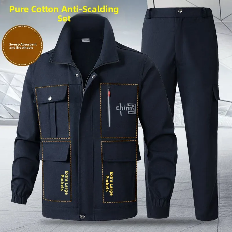 Spring New Style Men's Cotton Workwear Set Breathable Wear Resistant Automotive Repair Large Pocket Overalls  Welding