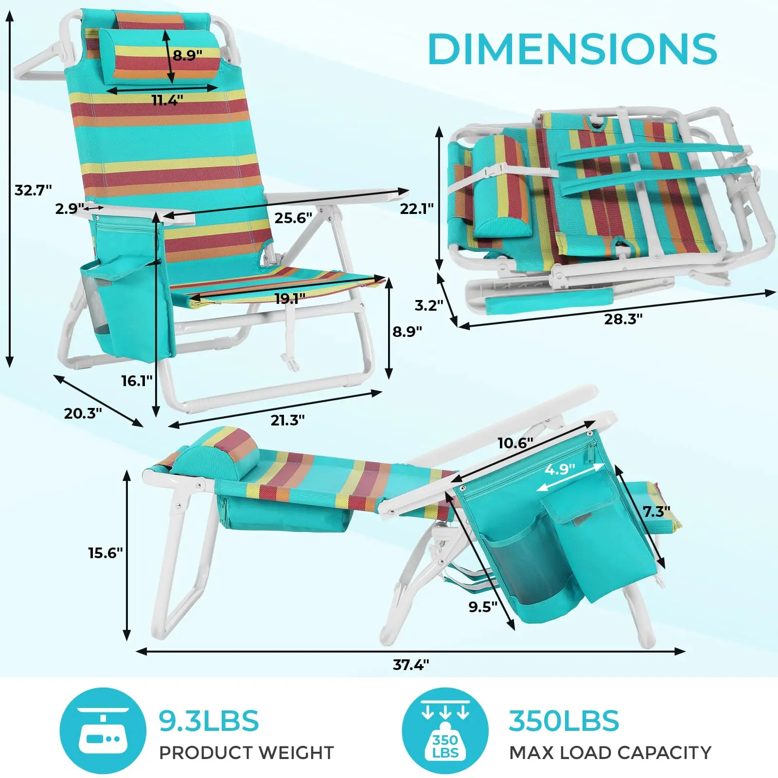 Folding Backpack Beach Chair for Adults with 5-Position Lay Flat with Cooler Pouch, Storage Bag, Towel Bar, Foot Mat, Strap, for Camping