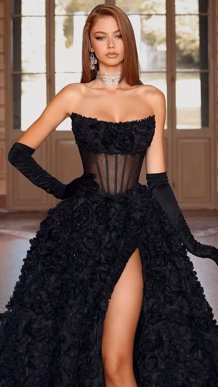 Amanda Customized Black Side Slit Prom Dresses Strapless vestidos de noche Floor-LengthGloves Backless Exquisite Formal Evening image 2