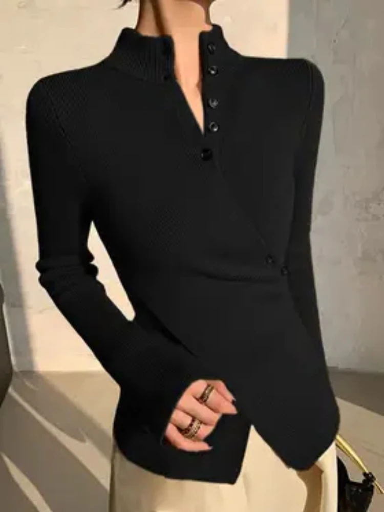 

Elegant Solid Women's Knitted Sweater Skinny Tops Sexy V-neck Long Sleeves Asymmetric Cross Button Autumn Female Elegant T-shirt