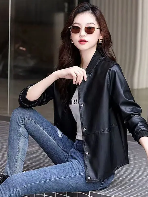 本革バイカージャケット レディース ショートスリーブ 2025年春新作 韓国版 スリムフィット 小さいサイズ ベースボールコート シープスキンコート