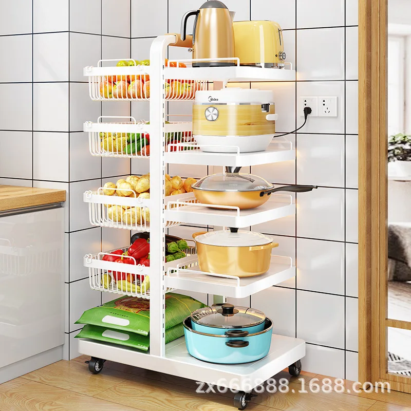 Expandable Carbon Steel Multi Tier Pot Rack Three To Six Rolling Kitchen Storage Organizer Adjustable Shelves Baskets Boards