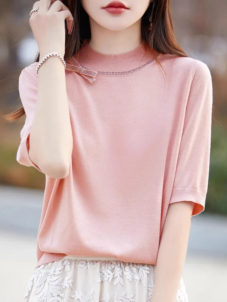 

Slim Fit f Sve mid Sve T-irt Women Base irt Inner Spring Autumn 2025 New Five Sve Top High Collar Knitted Swe...