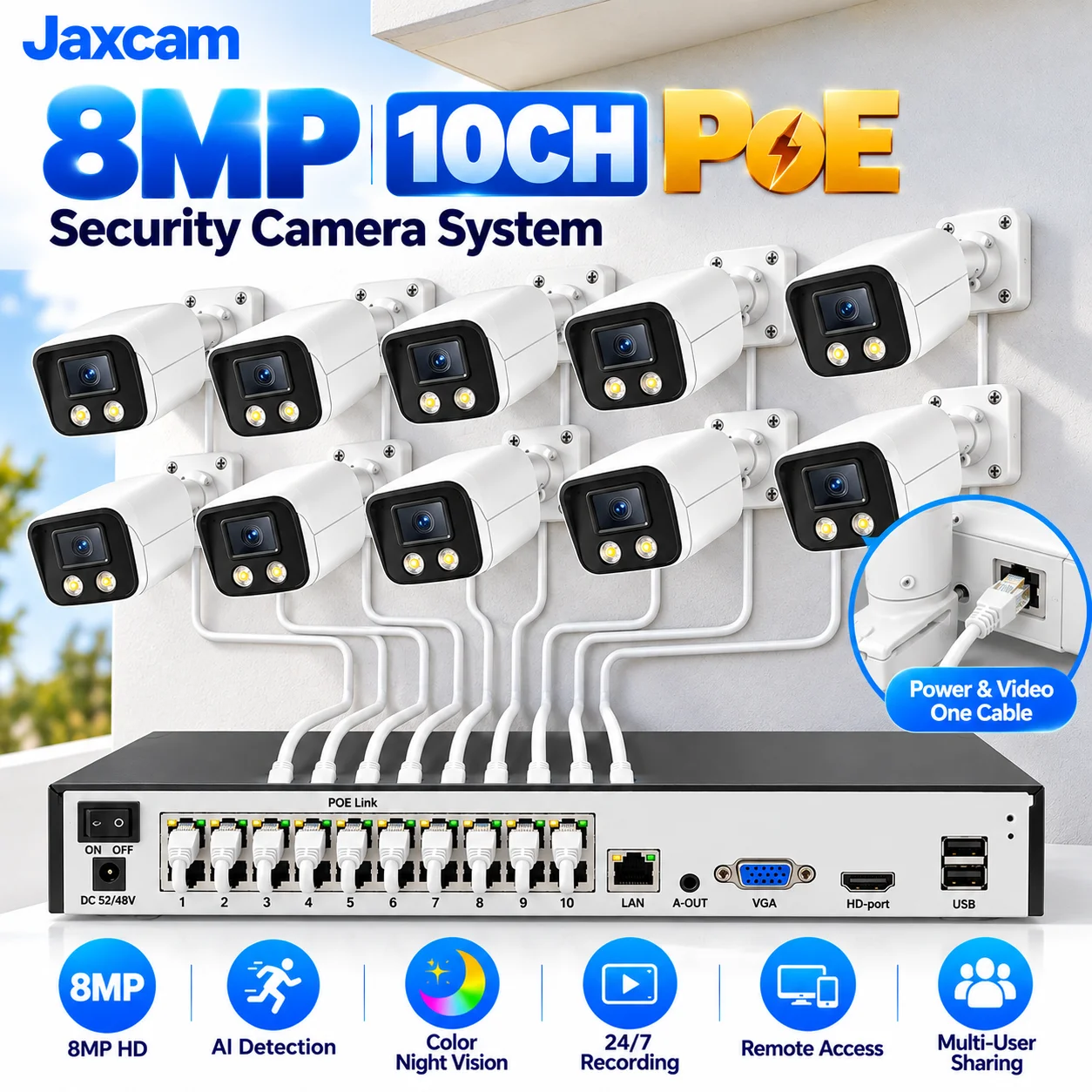 8MP 4K POE NVR Camera System Outdoor Home Surveillance Kit AI Full Color Night Vision Audio Recording CCTV Security Camera ICsee