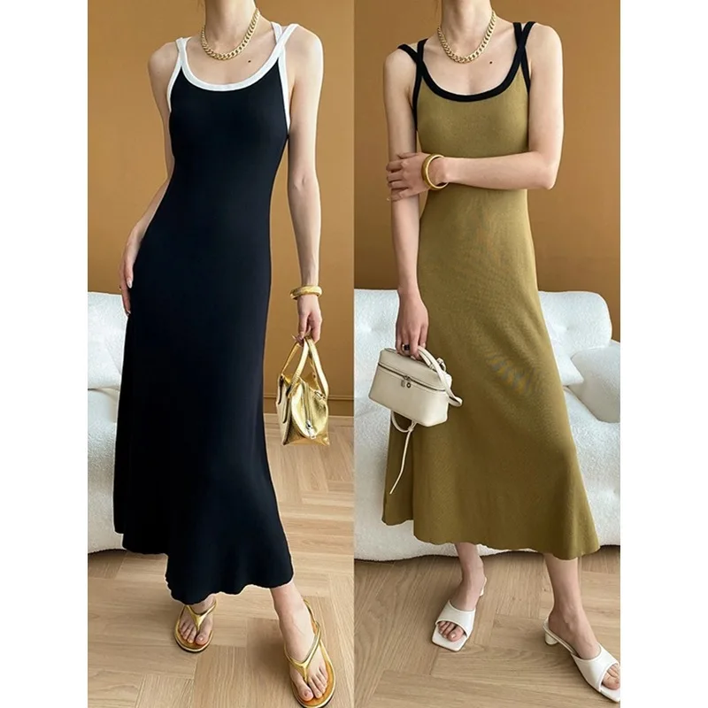 Sling Jurk Vrouwen Lange Jurken Een Lijn Vestidos Y2k Streetwear U Hals Mouwloos Elegante Bodycon Party Hoge Taille Werk Zomer