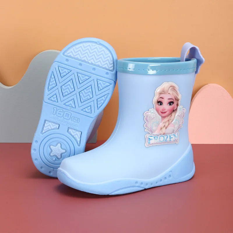 Disney Children\'s Rain Boots For Girls Blue Cartoon Nonslip Frozen Princess Elsa Water Shoes Kids Four Seasons Rubber Over Shoes