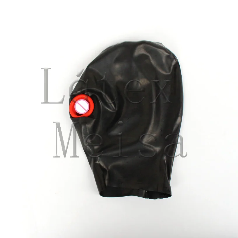 Mouth con-dom latex hoods open nostrils with back zip in solid black color masks