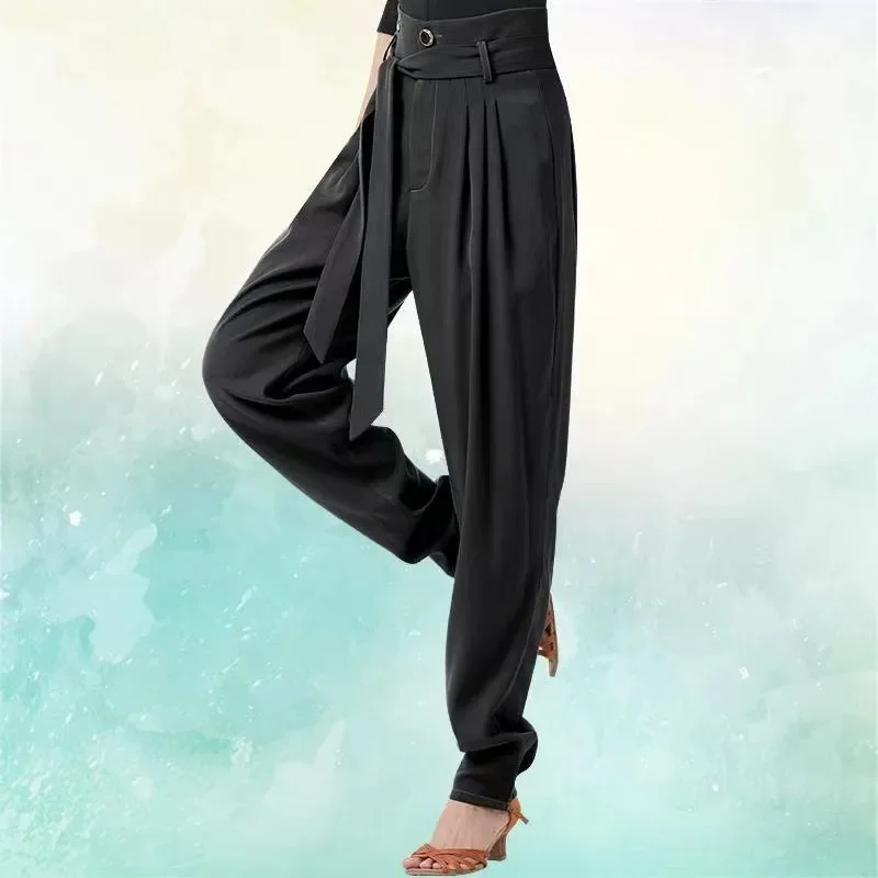 New Fashion Latin Dance Pants Adult Ballroom Practice Wear High Waist Trousers Wide-Leg Cha Cha Tap Dancing Training Pants Women