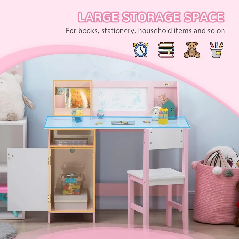 Toddler Desk and Chair Set, Kids Writing Desk Study Table for Children with Whiteboard, Storage Cabinet, Child Furniture