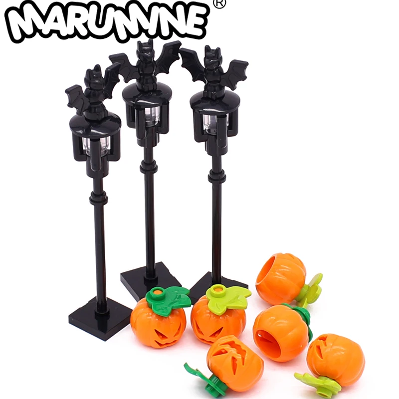 

Marumine MOC 30103 20693 Classic Ghost Face Pumpkin Head Cover Bat Street Lamp Statue Animal Brick Accessories Halloween Toys