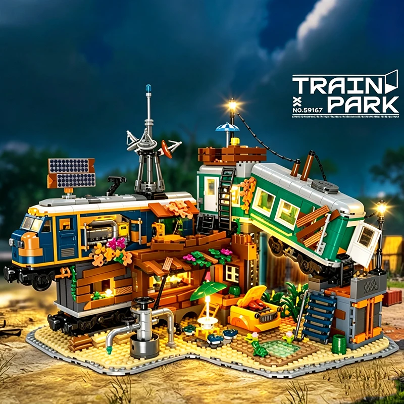 2349PCS Train Park Carriage Building Blocks Set – The train park in the ruins Model with LED Lights, DIY Desk Decor Gift Toy MOC
