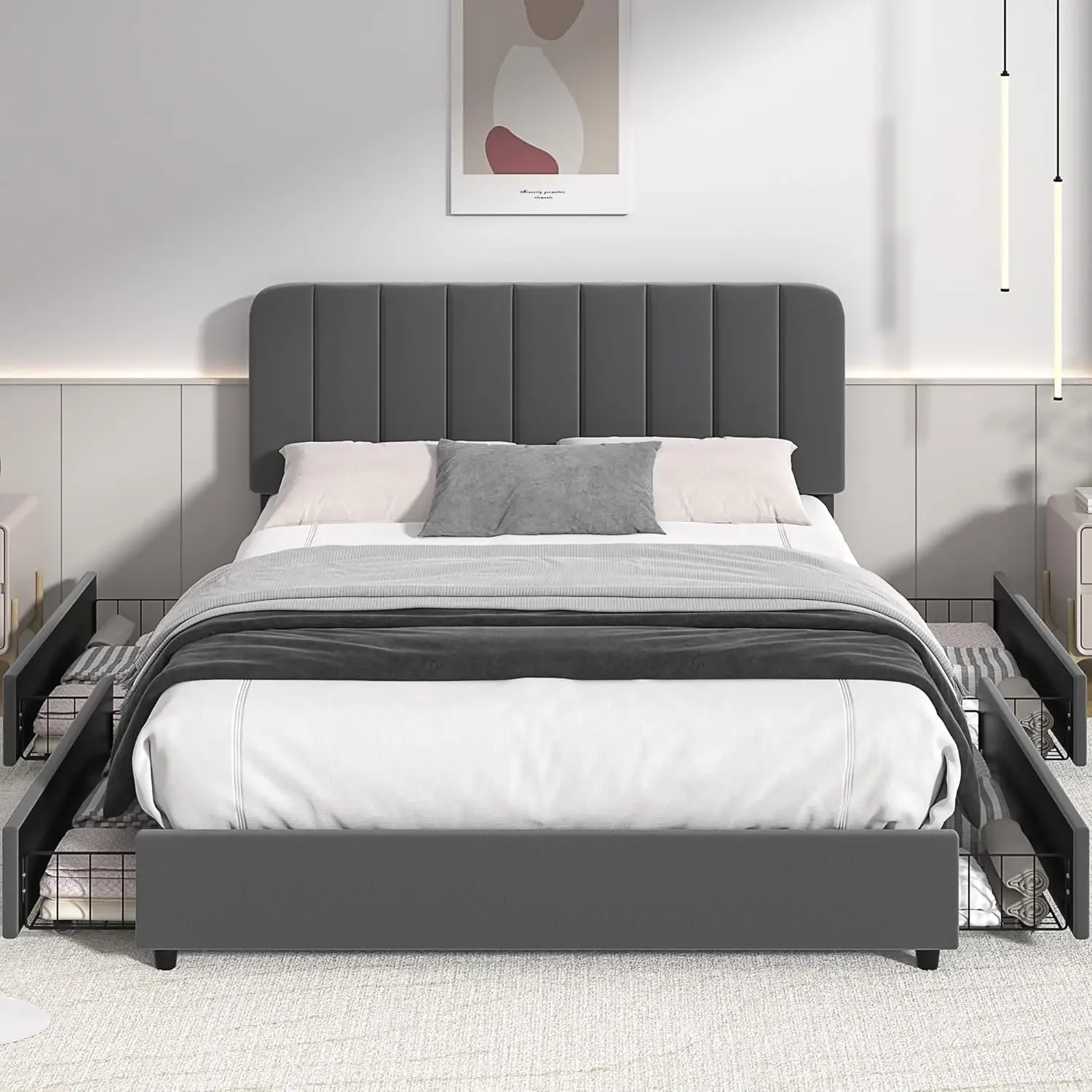 Queen Size Upholstered Bed Frame with 4 Drawers and Adjustable Headboard, Velvet Platform Storage Bedframe Mattress Foundation,