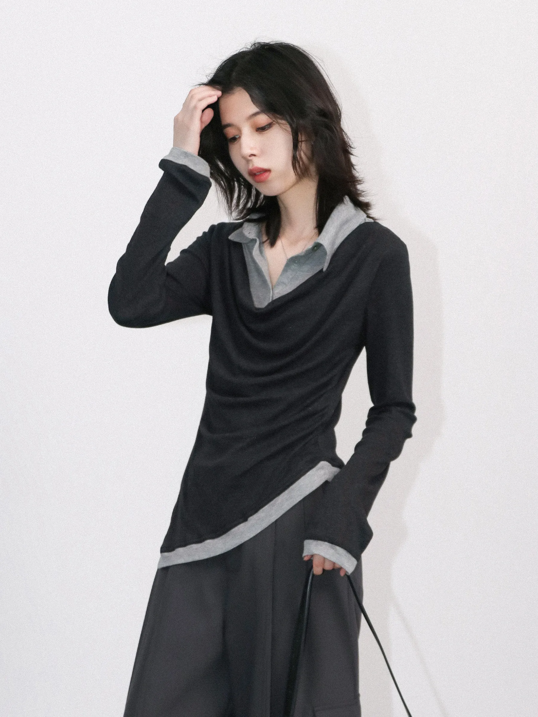CHIC VEN New T-Shirts Slim Fake Two-piece Spliced Contrast Collar Female Knitted Long Sleeved Shirt Pullover Spring Autumn 2026