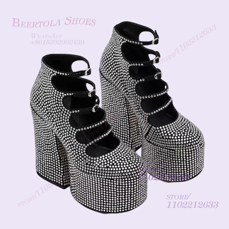 Black Patchwork Silver Crystal Platform Heel Bling Girls Chunky Cutout Stripes Ankle Buckle Sandal Spring Dress Dance Woman Shoe