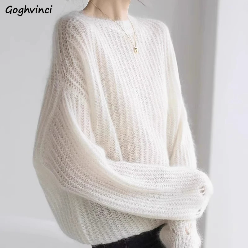 Simple Loose Pullovers Women Fluffy Knitted Hollow Out Sweaters O-neck All-match Tender Basic Autumn Temper Korean Style Daily