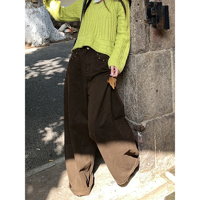 Y2K レディース ゴシック ブラウン ストリートウェア ハイウエスト レトロ ワイドレッグパンツ リベット付き カジュアルパンツ アメリカンファッション 原宿スタイル