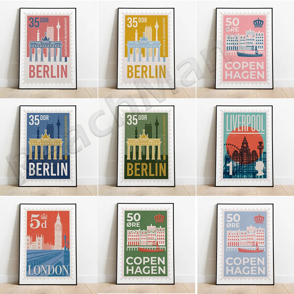 Impresiones de Copenhague, Londres, Amsterdam, ciudades de Berlín, carteles de construcción de hígado, viajes de horizonte urbano de mediados de siglo