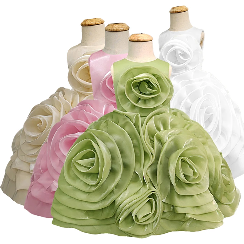 Junior Bridesmaid Green Organza Rosette Birthday Dress Knee-Length Ceremonies Wedding Party Princess Gown for 1-12 Girls Pink