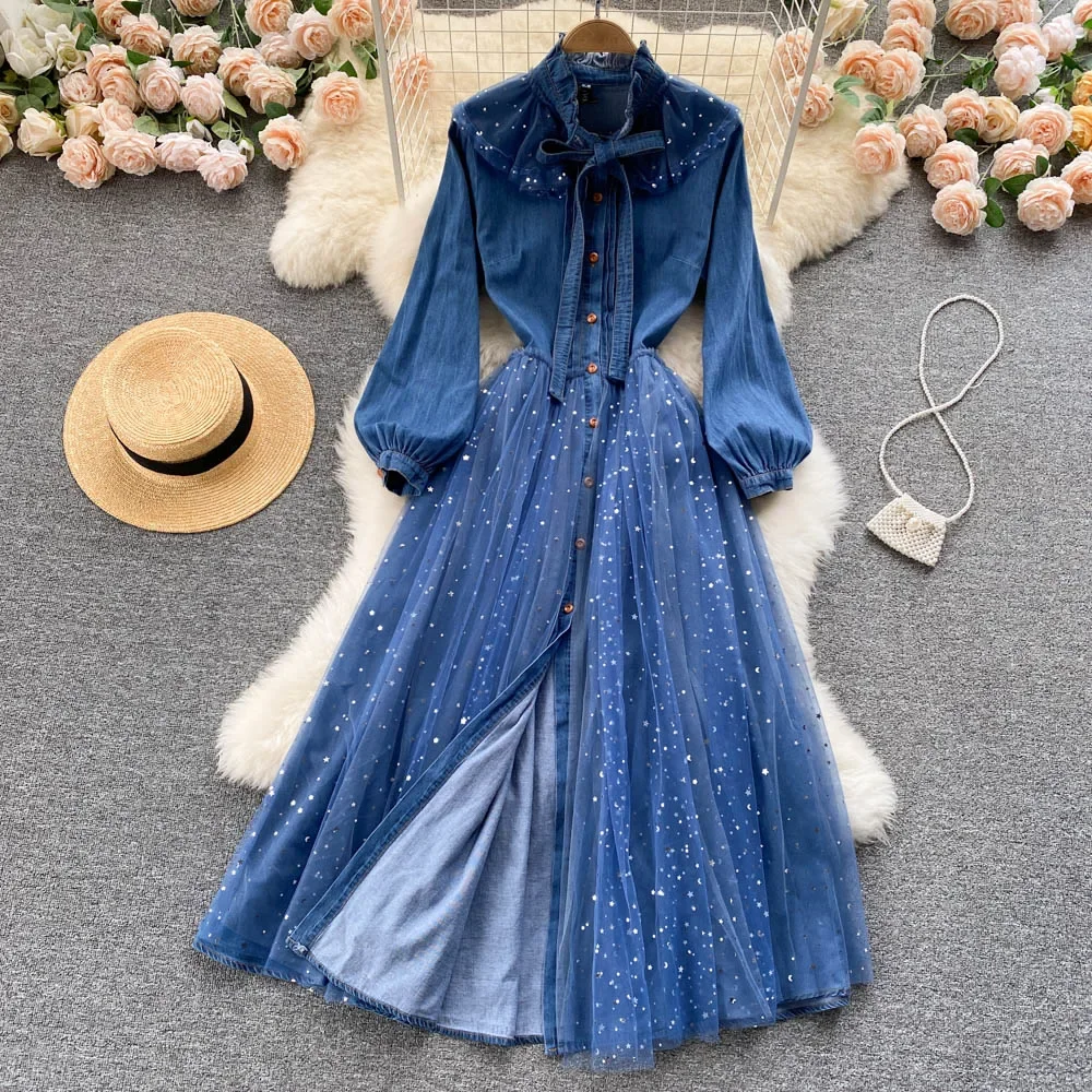 Elegant Long Sleeve Vintage Ear Fungus Edge Stand Neck Chic Sequins Mesh Spliced Denim Slim High Street Autumn Winter Dresses