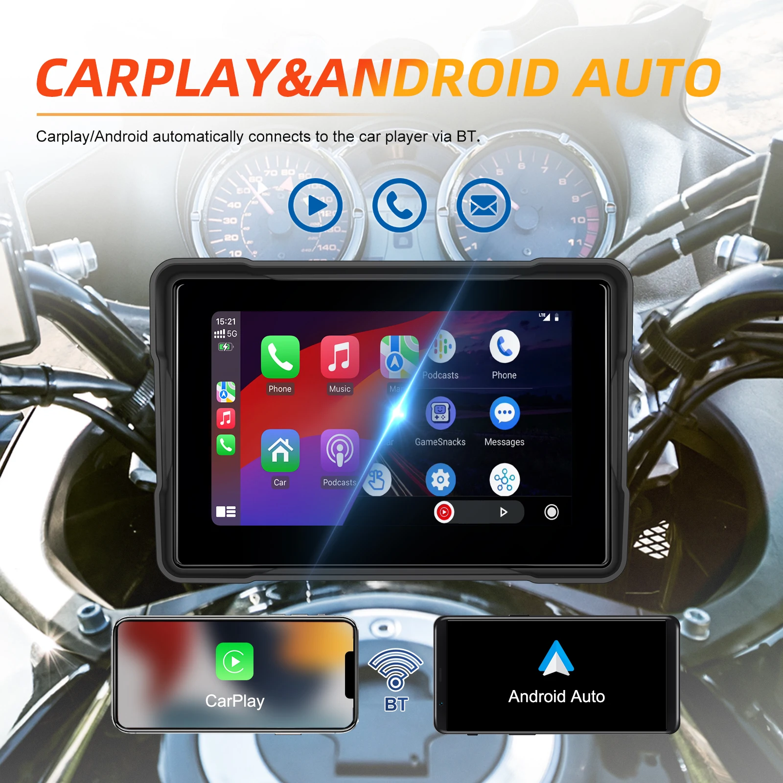Degreat, lettore CarPlay per moto con schermo da 7 pollici, doppia connessione Bluetooth 5.0, CarPlay e Android Auto wireless, display impermeabile IP67.