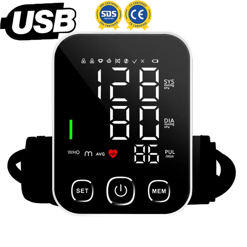 Monitor Digital de Pressão Arterial Recarregável para Braço Superior, Dispositivo Médico com Braçadeira Grande Ajustável Portátil para Uso Doméstico, Medidor de PA