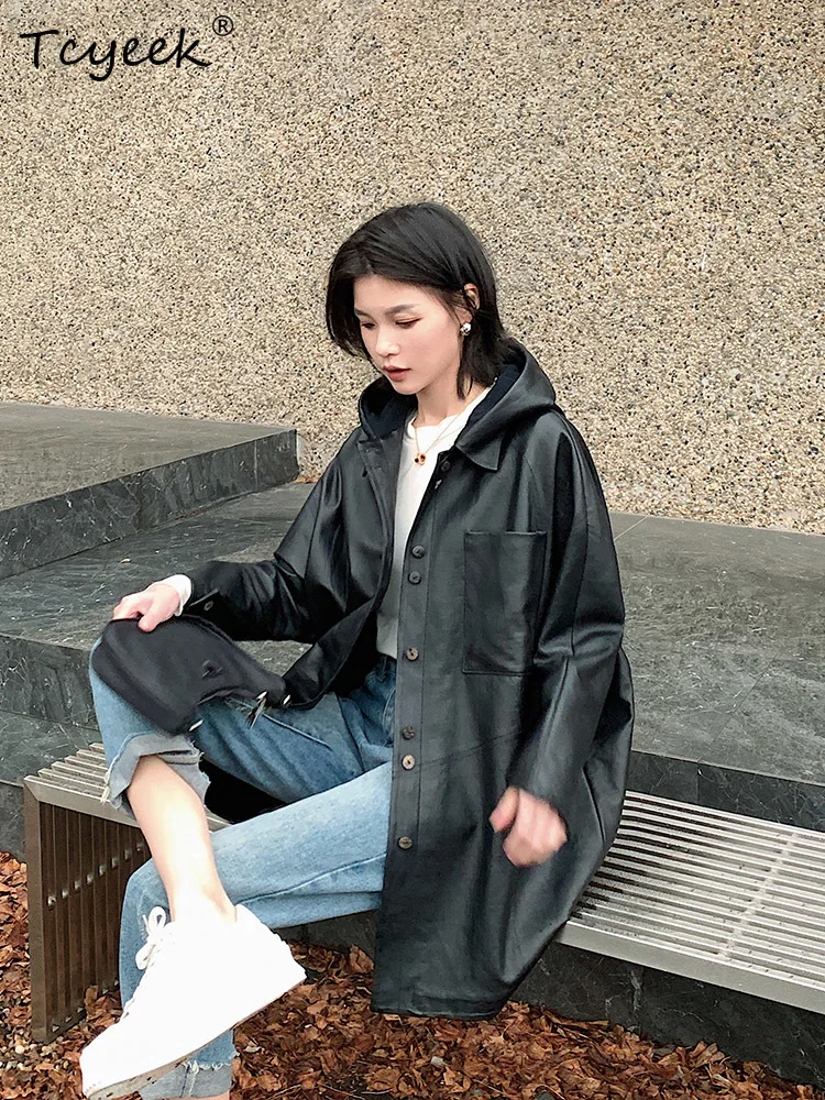 Tcyeek piel de oveja auténtica primavera otoño moda cuello cuadrado negro con capucha longitud media chaqueta de cuero genuino para mujer chaqueta Couro