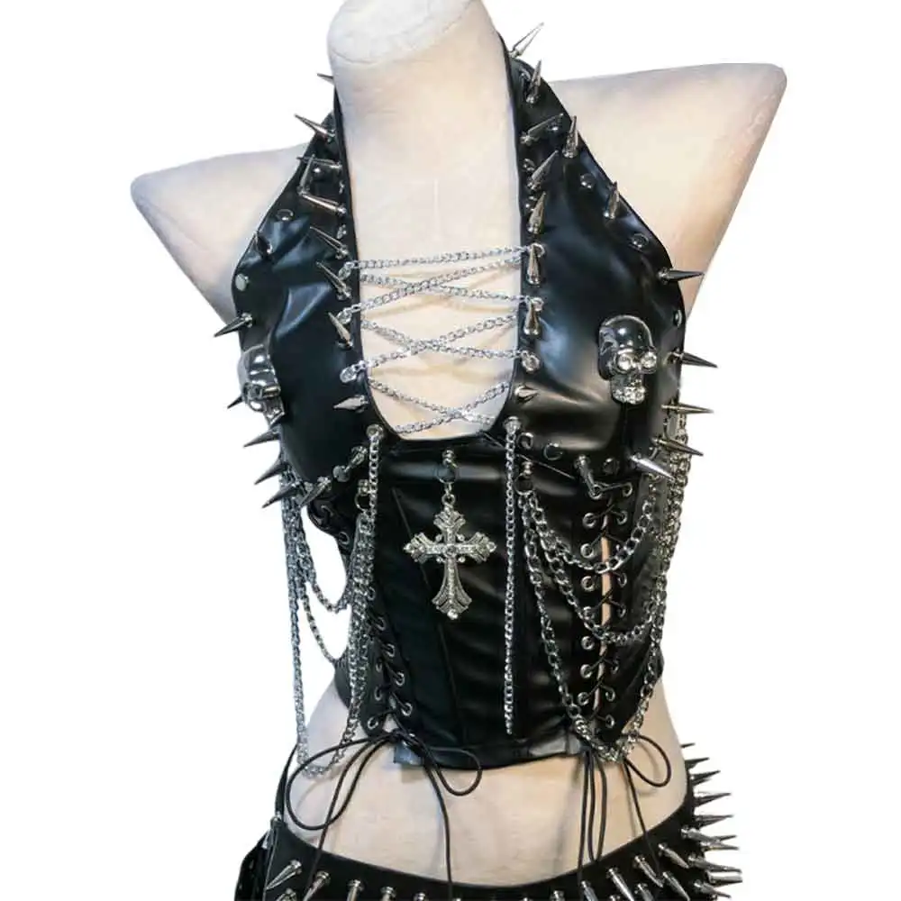 Goth Tops Gothic Tank Cybergoth Punk Rock Clothes Rave 90s Pin Grunge Emo Clothing PU leather Black ALT Festival Y2K T-shirt