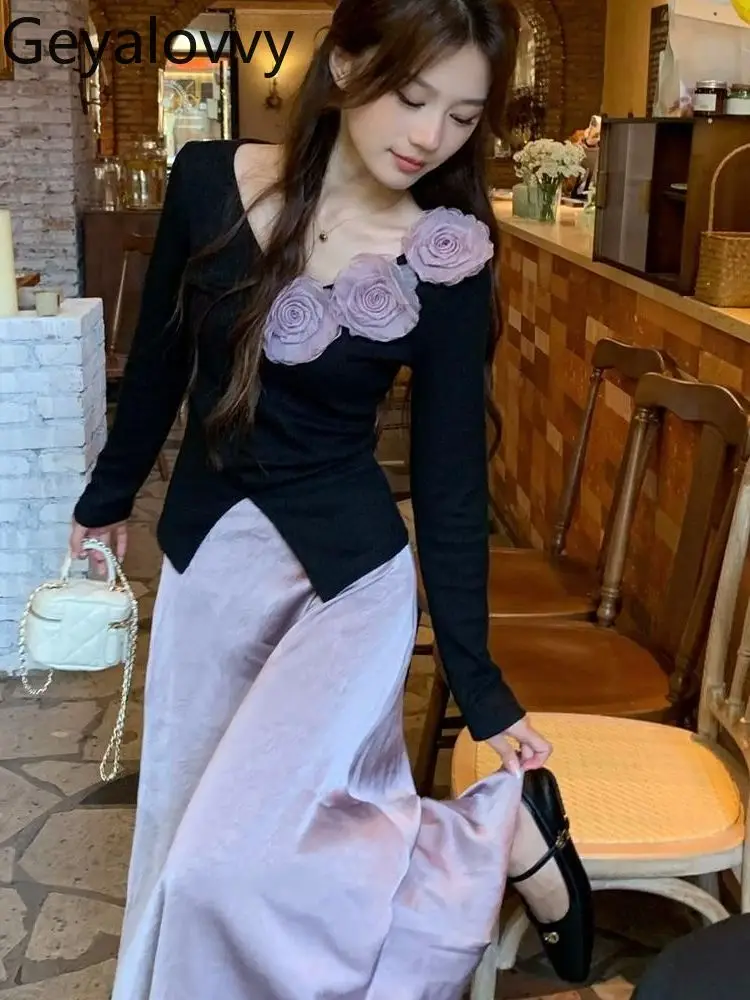 

French Gentle Style Outfit Autumn New Elegant V-neck Long Sleeve Top and High Waist Satin Skirt Sweet Girls Two-piece Set