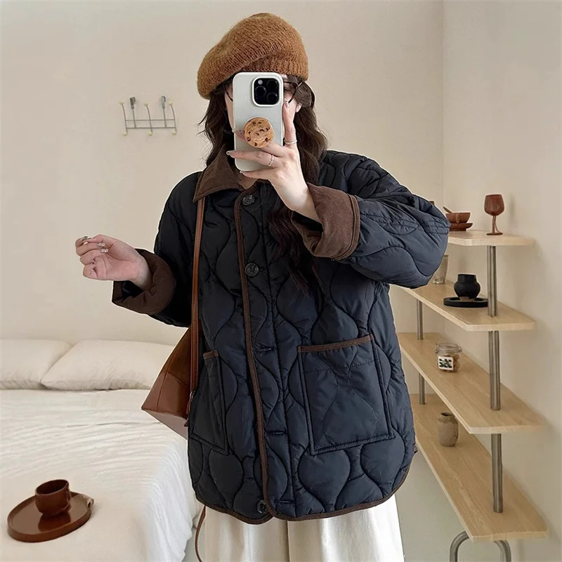 秋冬ショート丈ダウンコットンジャケット レディース 2025新作 配色ラペル 軽量 ゆったり コットン服 女性用アウター