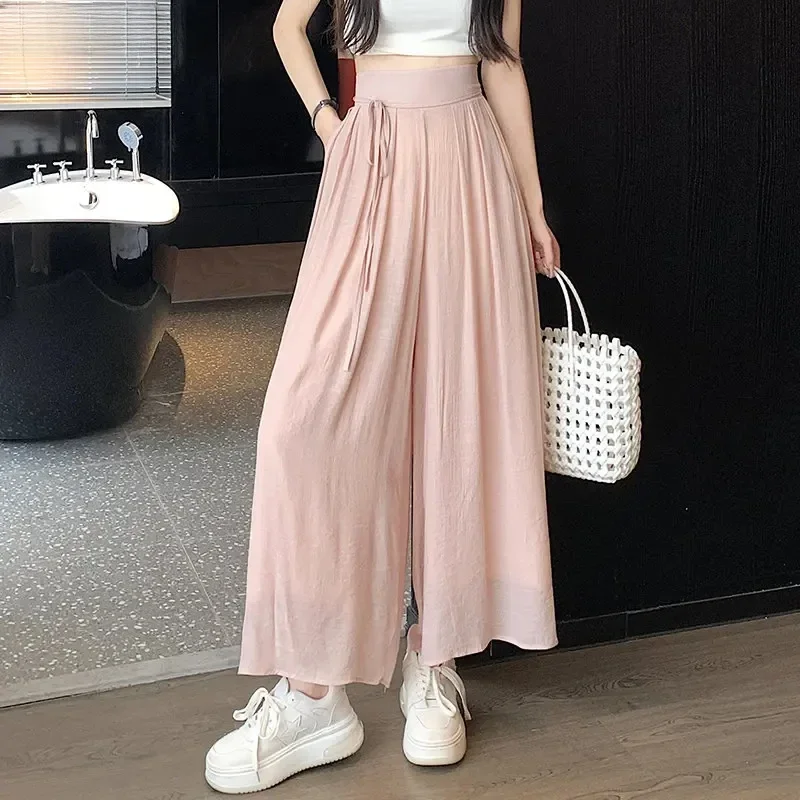 

2024 Casual Pants Women Summer Thin Design Sense Lace-up High Waist Straight Nine Points Wide Leg Trouser Skirt Elegant Fashion