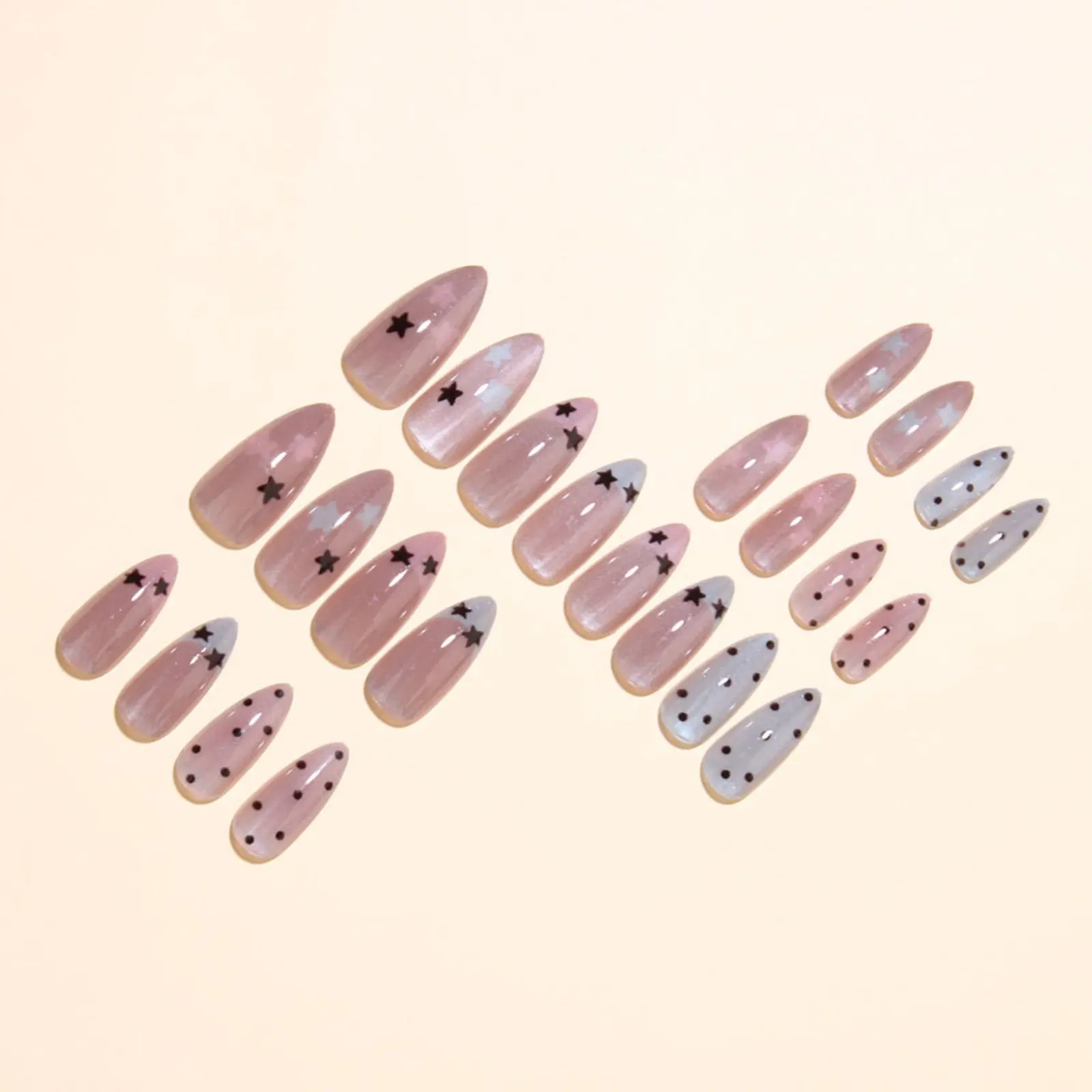 Nude Pink Almond Nails Press On 24Pcs Glossy Cat's Eyes Fake Nails Five-pointed Star/Polka Dot Printed Y2K Girls DIY Nails Art