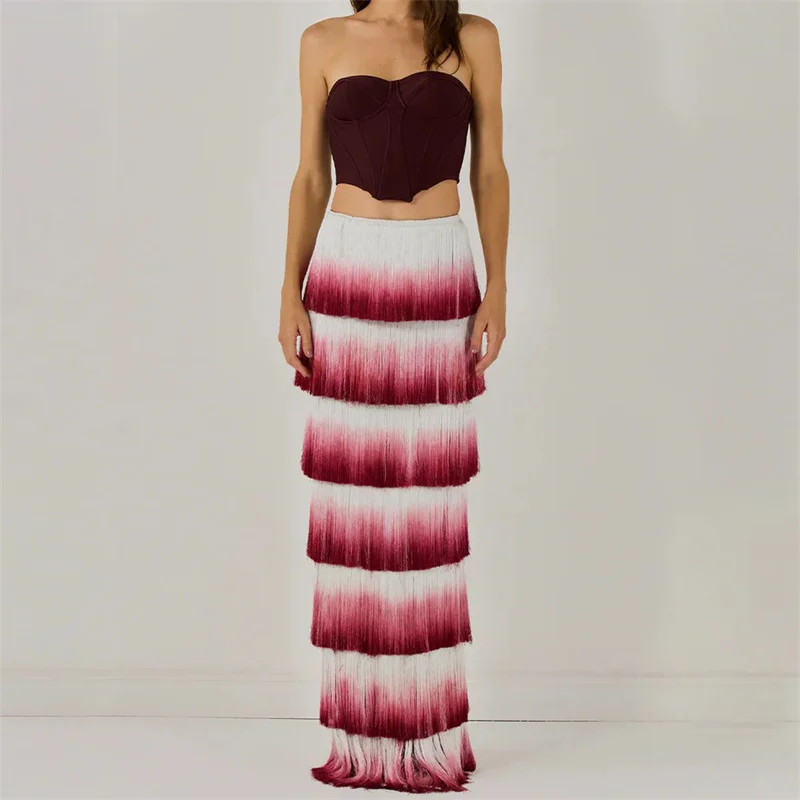 

Women's two pieces set New gradient slim fit long dress for autumn 2025 Stacked tassel decorative women's half skirt y2k corset